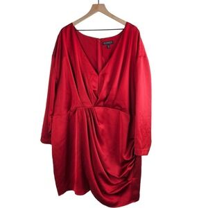 Eloquii Satin Draped Faux Wrap Mini Dress 28‎ Red Long Sleeve